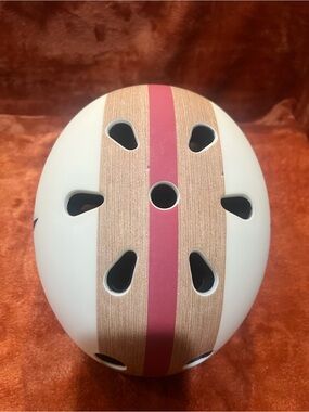 Kids Safety Helmet in White with Wood-Accent and Pink Stripe